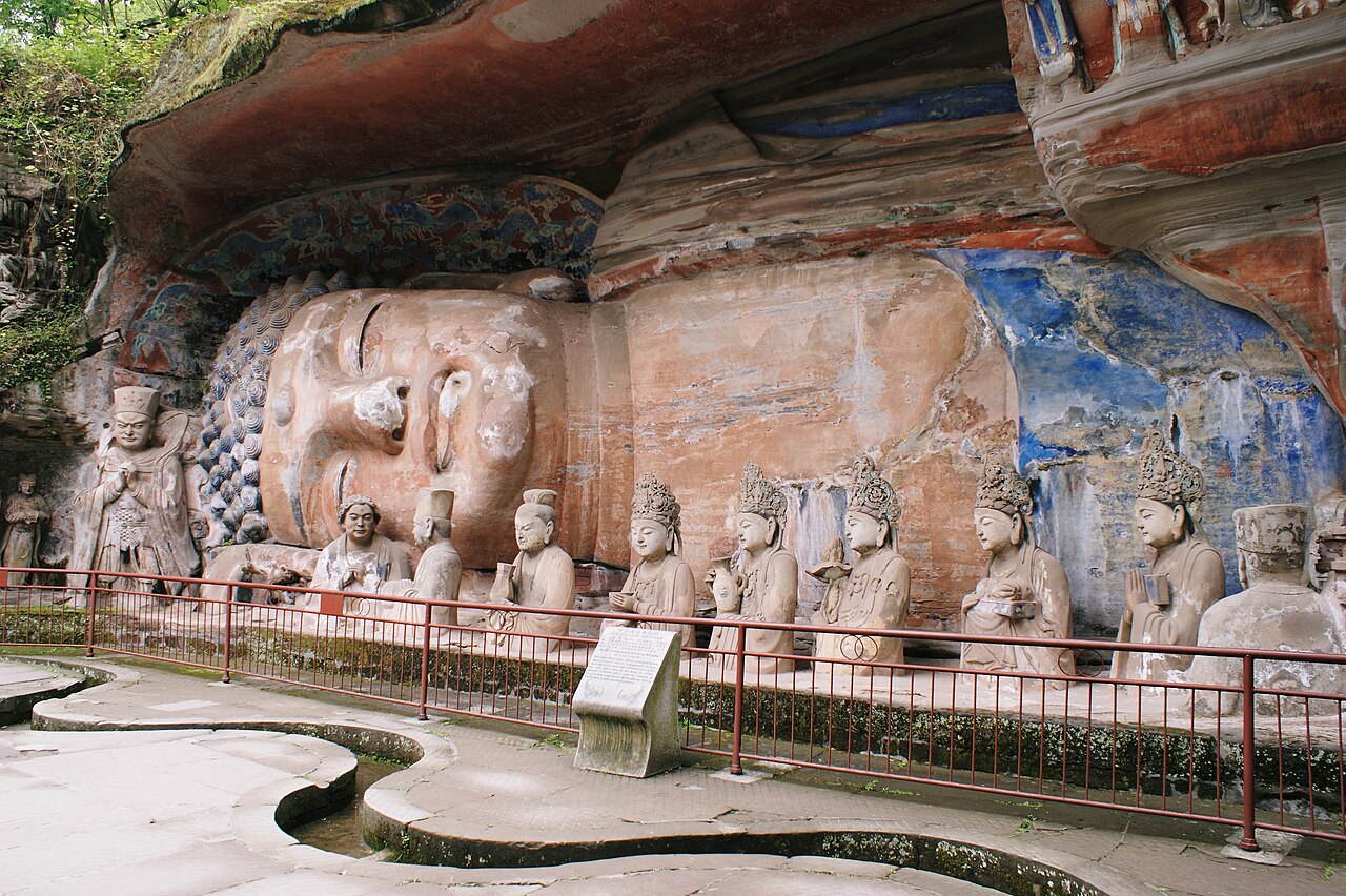 Colossal Song-dynasty reclining Buddha carved into the cliff at Baodingshan, Dazu Rock Carvings